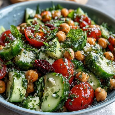 Vibrant Mediterranean Cucumber Chickpea Salad with zesty lemon vinaigrette, featuring crisp cucumbers, cherry tomatoes, and fresh herbs for a refreshing side dish.
