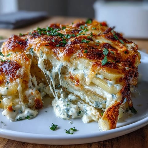 Easy Cheesy Scalloped Potatoes: creamy, golden layers of potatoes baked with melted cheddar and mozzarella cheese.