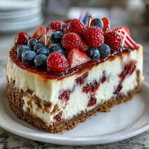 Festive Fourth of July No-Bake Cheesecake Flag Cake with fresh berries arranged in patriotic stripes and star corner.