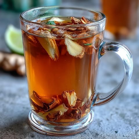 A steaming mug of dandelion root tea with ginger and turmeric, garnished with a lemon slice and cinnamon stick.
