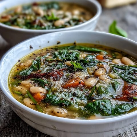 Tuscan White Bean and Spinach Soup in a slow cooker, garnished with fresh basil and Parmesan.