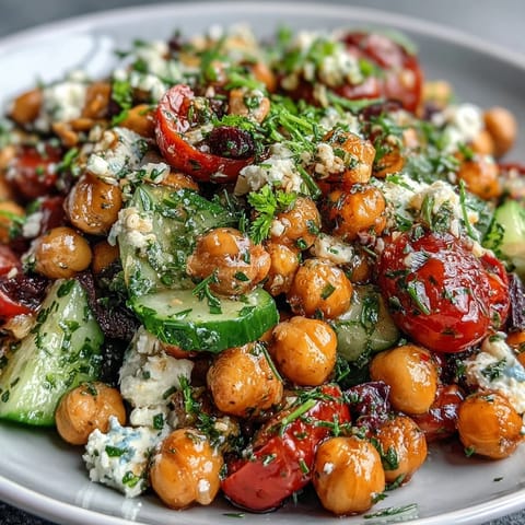 Cold Chickpea Salad with Lemon Herbs in a white bowl, garnished with fresh parsley and mint sprigs.