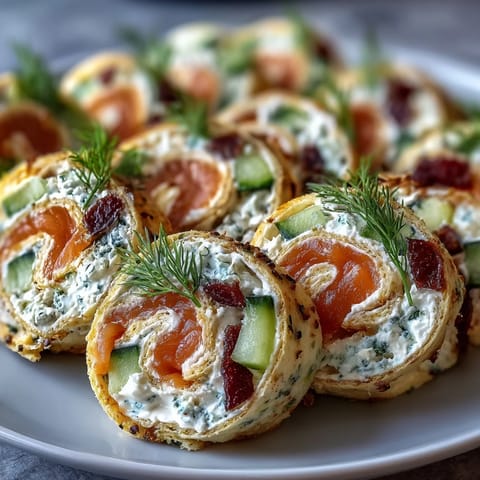 Smoked salmon and cucumber cream cheese pinwheels arranged on a white platter with fresh dill garnish.