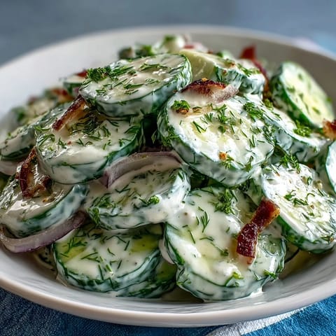 Creamy cucumber dill salad with crisp cucumbers and red onion in a tangy sour cream dressing.  