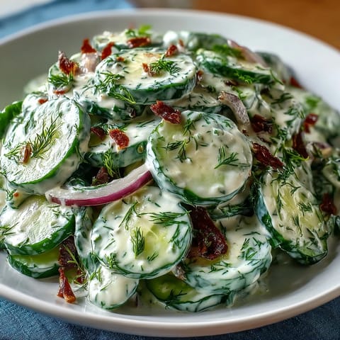 Refreshing summer side dish featuring sliced cucumbers and dill in a creamy, cool dressing.  