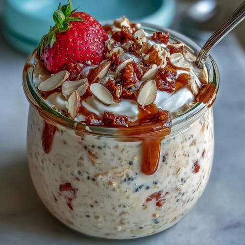 Creamy overnight oats with juicy strawberries and a hint of vanilla, served chilled in a glass jar for an easy morning meal.  