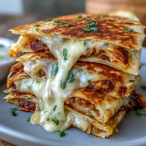 Golden quesadillas stuffed with spicy kimchi and gooey cheese, blending Korean and Mexican flavors in every crispy bite.