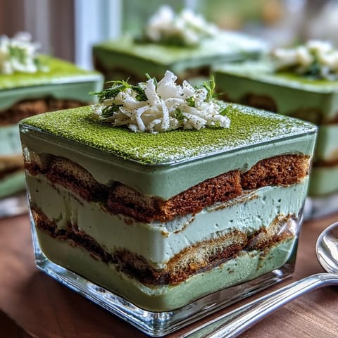 Elegant matcha tiramisu with delicate ladyfingers soaked in green tea, layered with airy mascarpone cream and dusted with vibrant matcha powder.