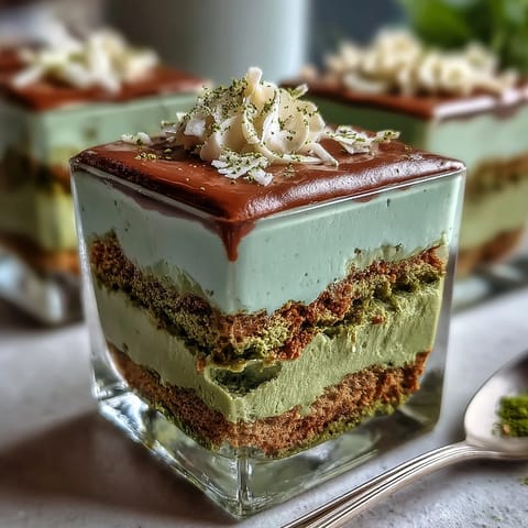 Rich Japanese matcha tiramisu featuring soft, coffee-free ladyfingers and creamy mascarpone filling, creating a light and refreshing fusion dessert.