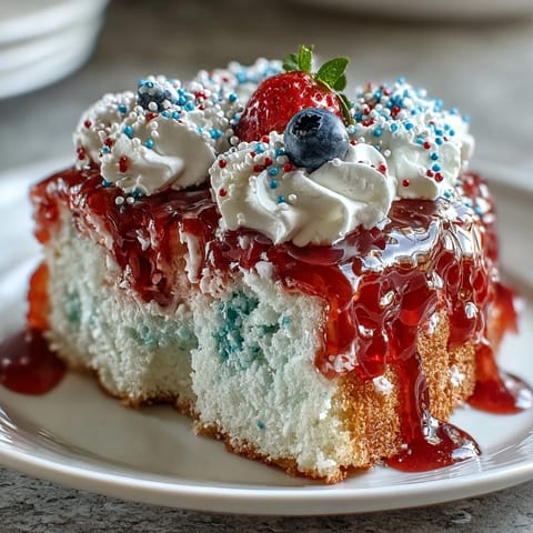 Patriotic Red White Blue Poke Cake bursting with colorful gelatin swirls and sprinkles.
