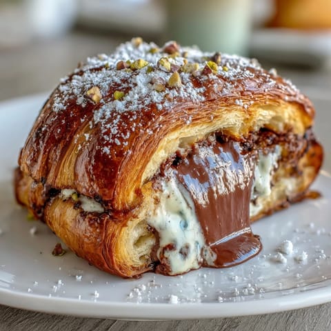 Richly dipped croissants filled with chocolate, topped with pistachios ready to serve.