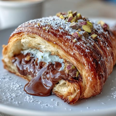 Golden-brown Dubai Chocolate Pistachio Croissant French Toast sizzling in a pan.