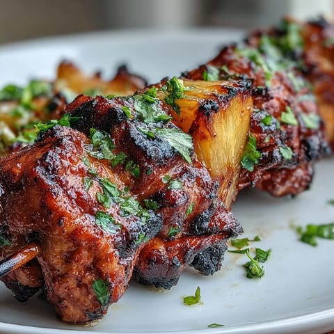 Juicy grilled chicken al pastor skewers with sweet pineapple, perfectly charred.
