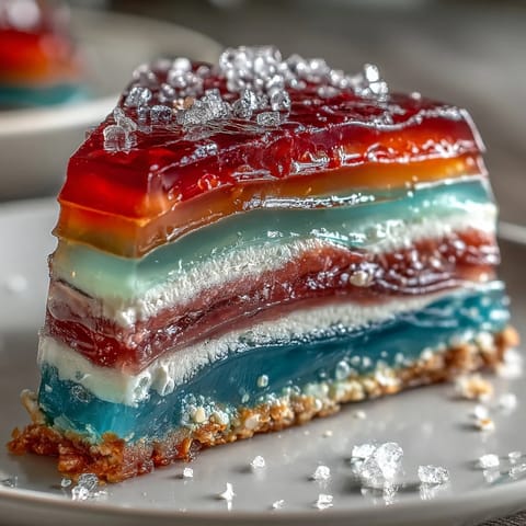 Vibrant rainbow jelly cake creation with luscious coconut cream topping.