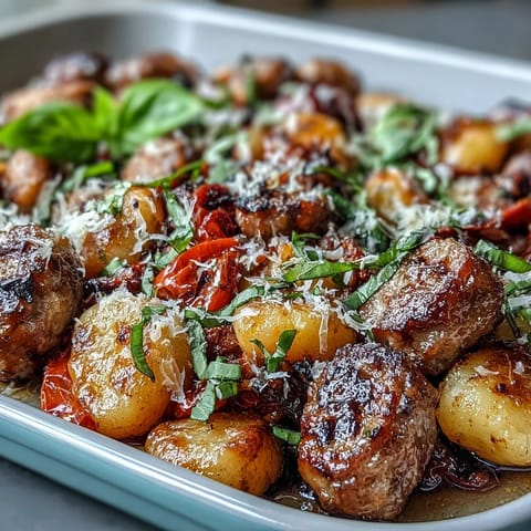 Crispy sheet pan gnocchi tossed with savory sausage, colorful peppers, and onions, topped with Parmesan for a hearty, easy dinner.  