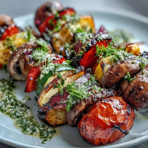 Smoky, tender grilled veggie kabobs bursting with color, ready for a zesty sauce.