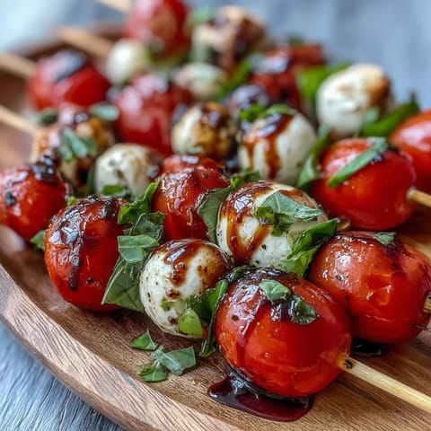 Colorful Caprese skewers appetizer glistening with rich balsamic glaze.