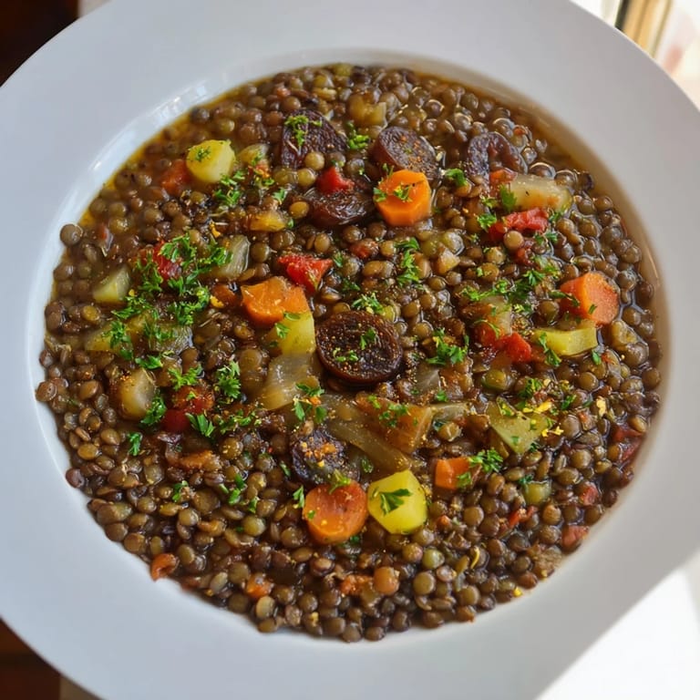 A steaming bowl of Abuela's Secret Lentil Stew with Prunes, showcasing tender lentils and stewed vegetables.