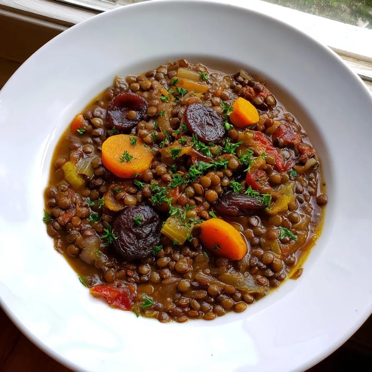 Close-up of Abuela's Secret Lentil Stew with Prunes; the sweet prunes offer a unique flavor profile.