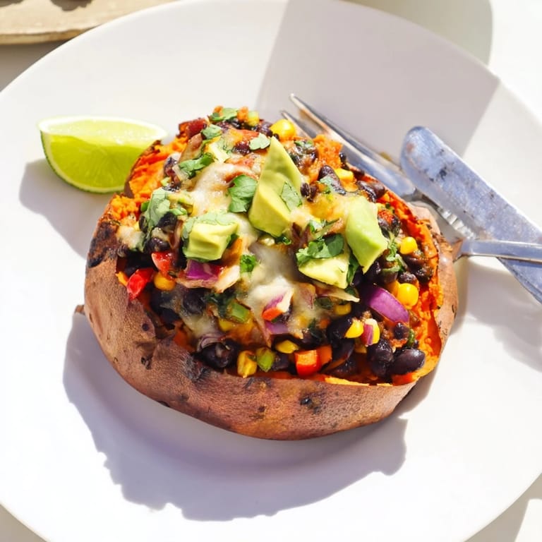 Golden baked Loaded Baked Sweet Potatoes, brimming with a colorful black bean topping and creamy avocado garnish.