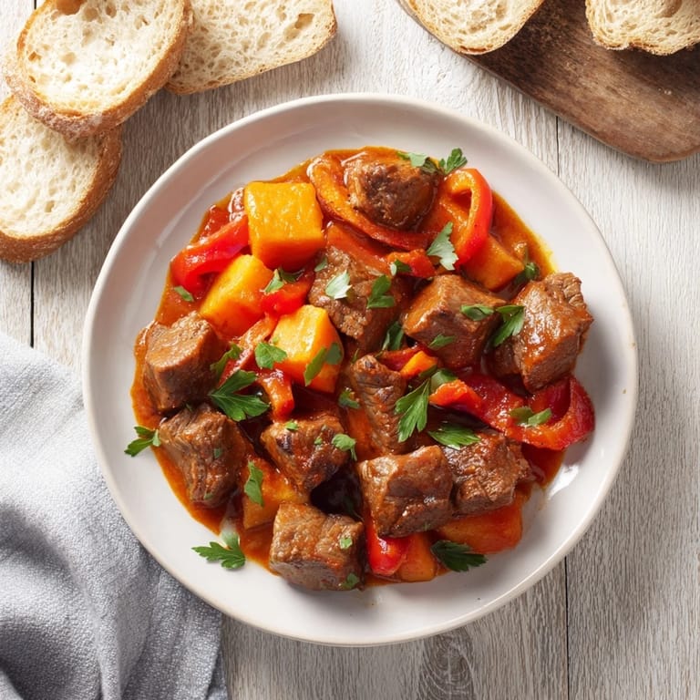 Hearty Homemade Beef Goulash with visible, colorful vegetables, served with warm, rustic bread slices.