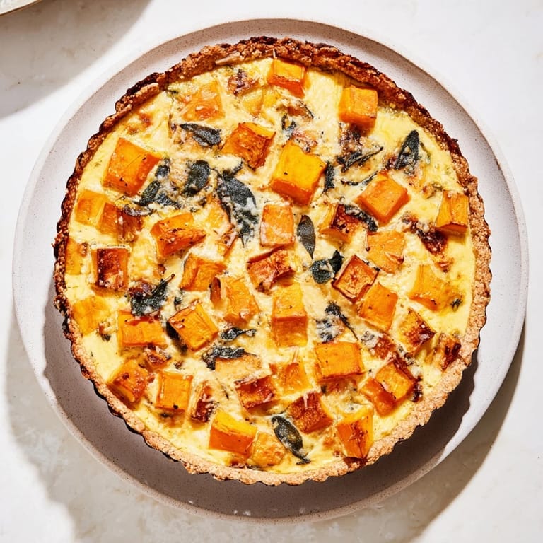 Enjoy a slice of homemade Potato Crust Quiche, a gluten-free savory pie with autumn flavors.