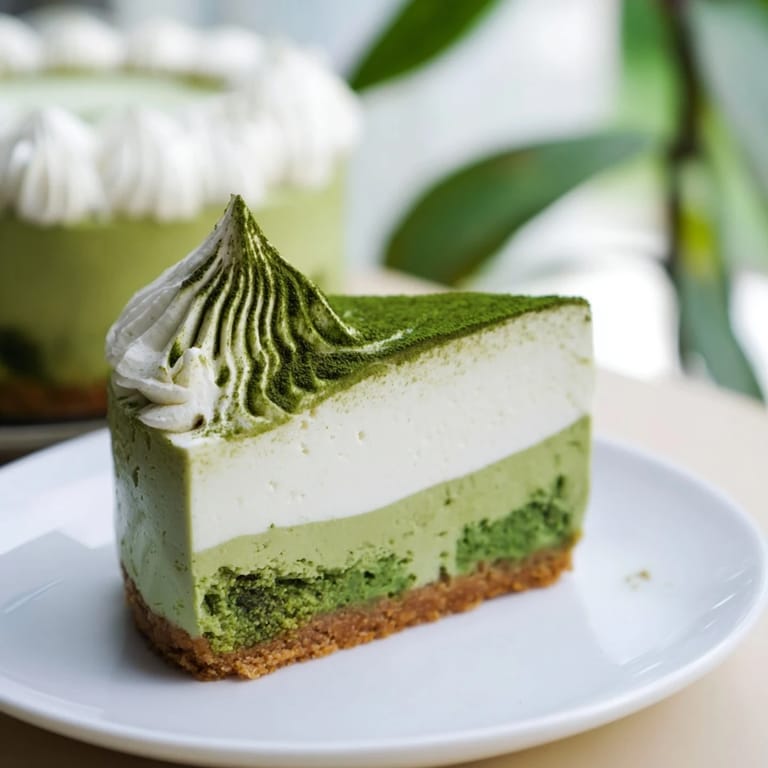 Enjoy chilled Matcha Swirl Snowdrift Cheesecake Cups, a layered dessert with a rich, velvety texture.