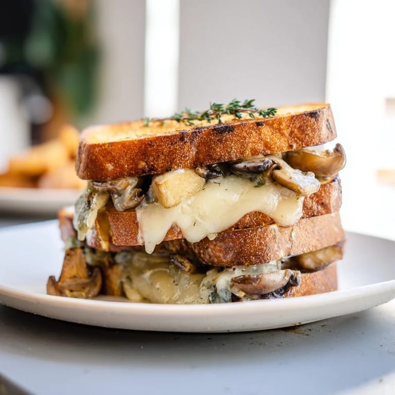 A beautifully grilled Roast Garlic Mushroom & Thyme Grilled Cheese, showcasing melted cheese and savory mushrooms.