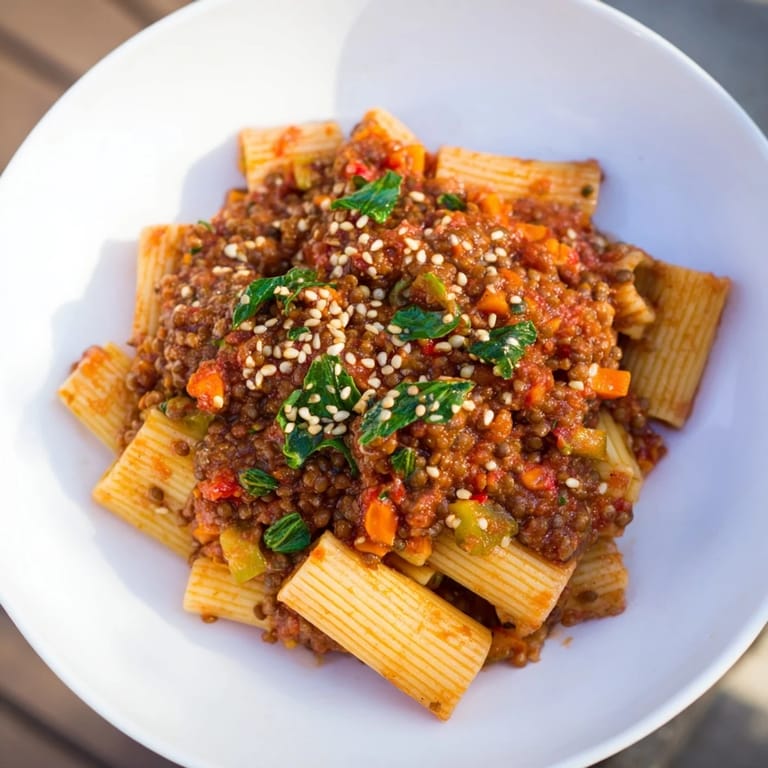A vibrant close-up showcasing a hearty High-Fiber Lentil Bolognese, rich with winter vegetables and lentils.