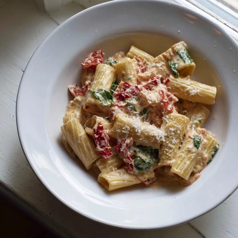 Perfectly cooked penne pasta tossed in a vibrant sauce for this delicious Sun-Dried Tomato Cottage Cheese Pasta.