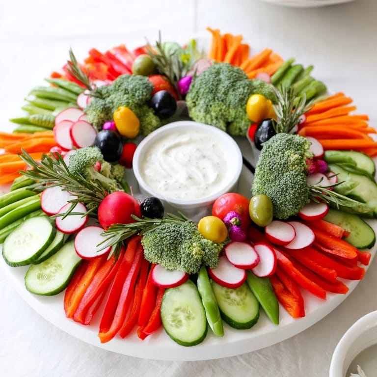 Brightly colored Wreath Veggie Dip Platter featuring a creamy, homemade ranch dip, perfect for parties.
