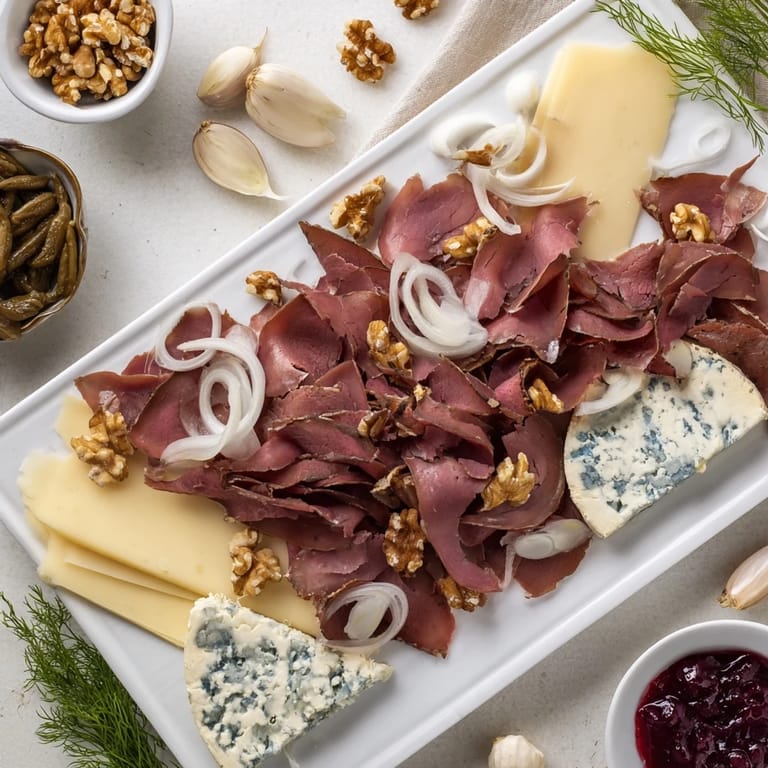 Festive Reindeer Charcuterie Platter, showcasing smoky reindeer meat, Gouda, and lingonberry jam for guests.
