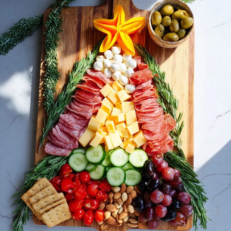 Mouthwatering close-up of a Christmas Tree Snack Board brimming with savory and sweet delights.