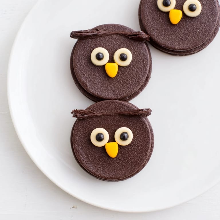 Brightly arranged Hoot Hoot Owl-Themed Treat Tray shows chocolate bark branches and adorable assembled snacks ready to eat.