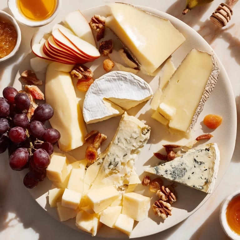 Featuring creamy Brie and Roquefort, this Cheese Platter Cœur Passion is served with fruit and nuts.