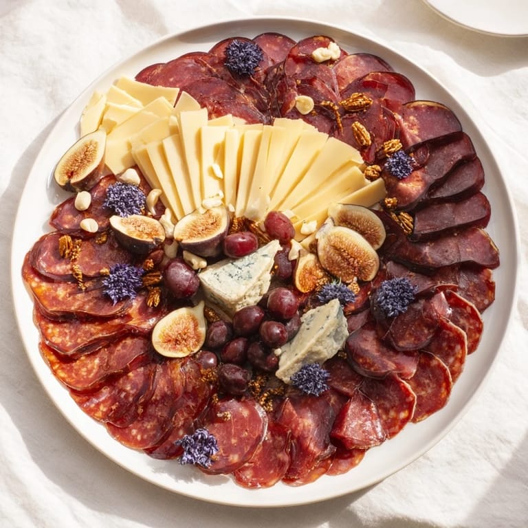 Beautifully arranged Majestic Venison Charcuterie Platter featuring grapes, figs, nuts, and a drizzle of honey.