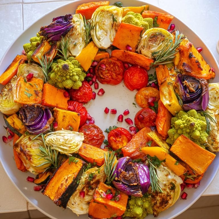 The Festive Vegetable Christmas Wreath, a vibrant vegetarian main, full of roasted winter vegetables and herbs.