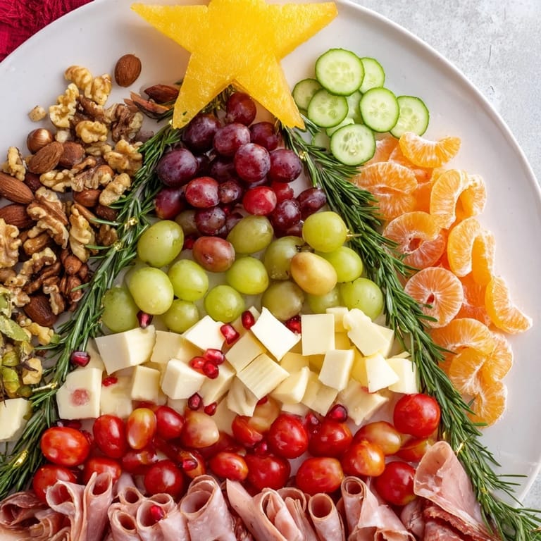 This Festive Holiday Tree Appetizer Platter features a beautiful array of festive cheeses, fruits, and meats.