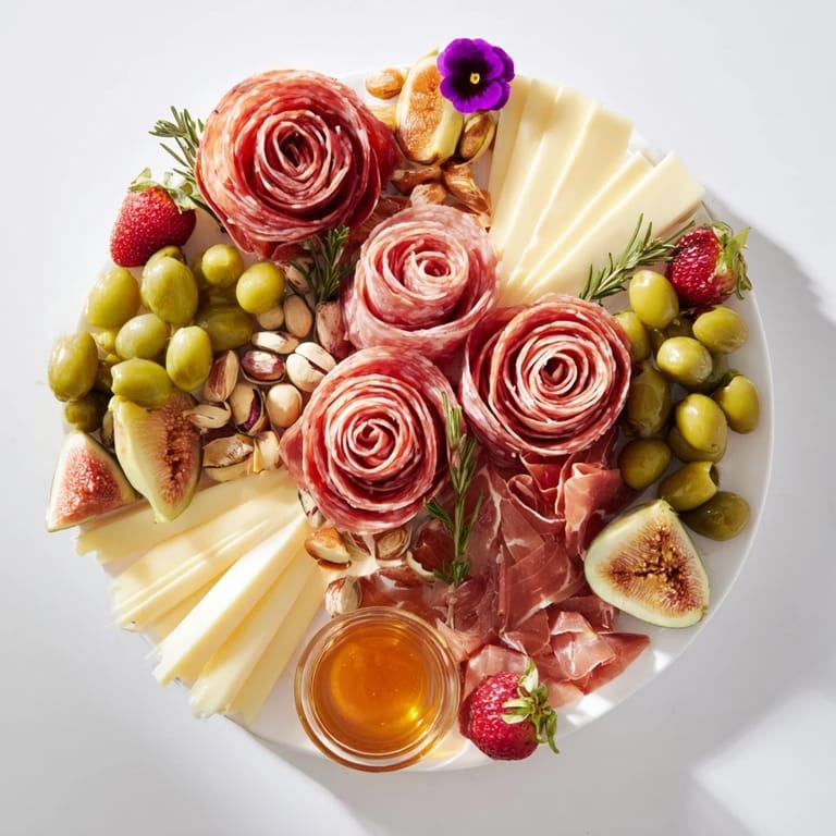 Elegant arrangement of a Meat and Cheese Rose Garden Board, perfect for your next gathering.