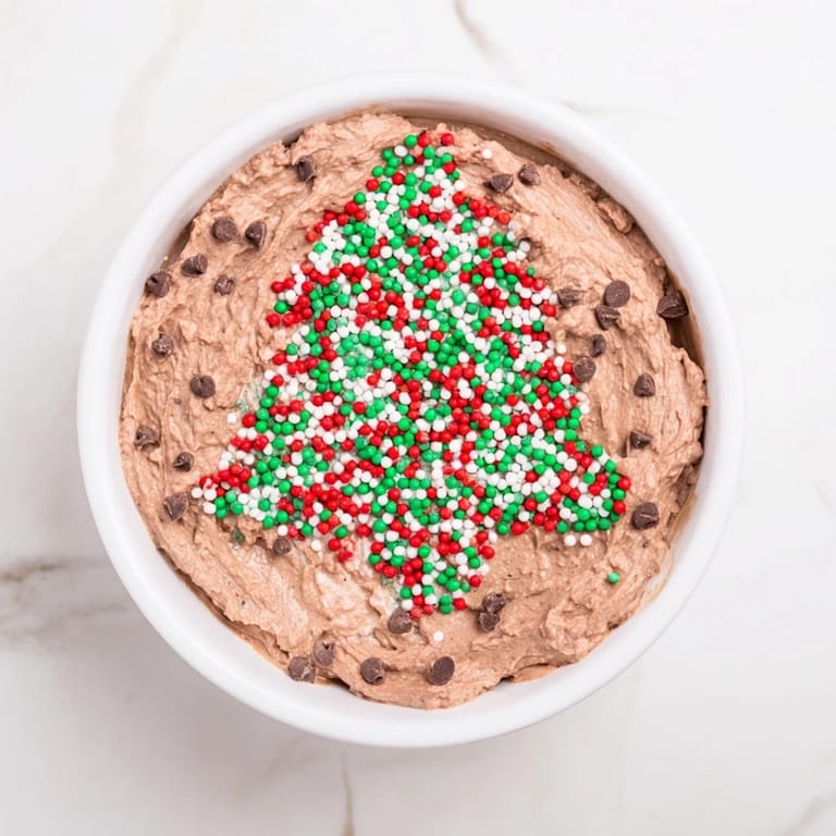 Creamy, rich Festive Tree Brownie Dip topped with festive sprinkles, perfect for holiday snacking.