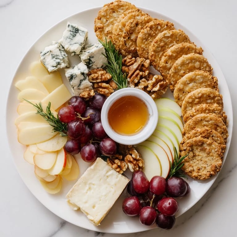This cheese plate appetizer features a visually appealing arrangement with fresh fruit and honey.