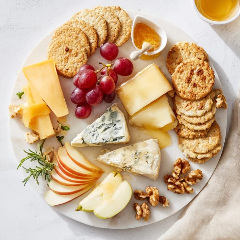Enjoy a delightful cheese plate, a mix of cheeses, crackers, grapes, and apple slices, perfect for sharing.