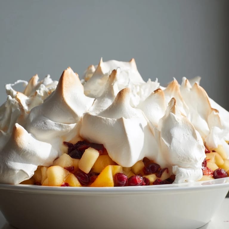 A close-up of a festive Cranberry and Pear Snowscape, promising a taste of tart fruit and sweet meringue.