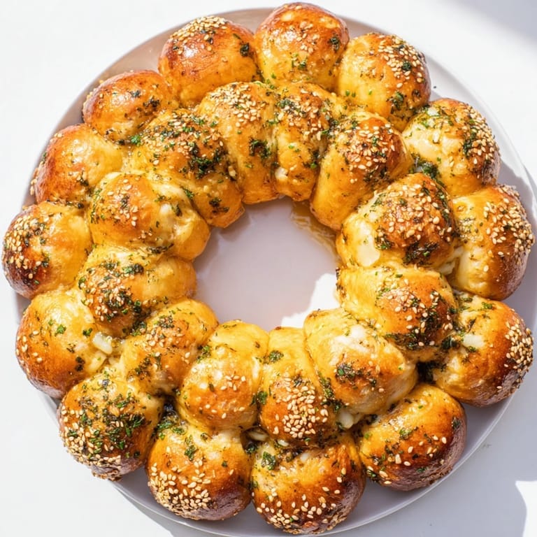 Freshly baked Festive Pull-Apart Bread Wreath, a savory herb and cheese pull-apart to enjoy with family.