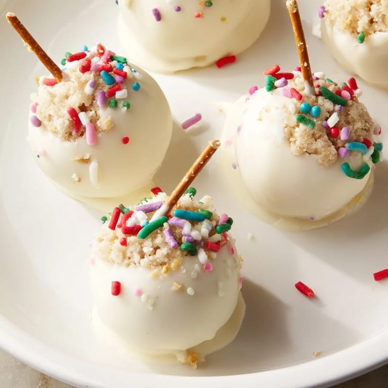 A close-up of glossy Holiday Ornament Candy Balls, ready to eat, with tiny pretzel "hooks" and sprinkles.