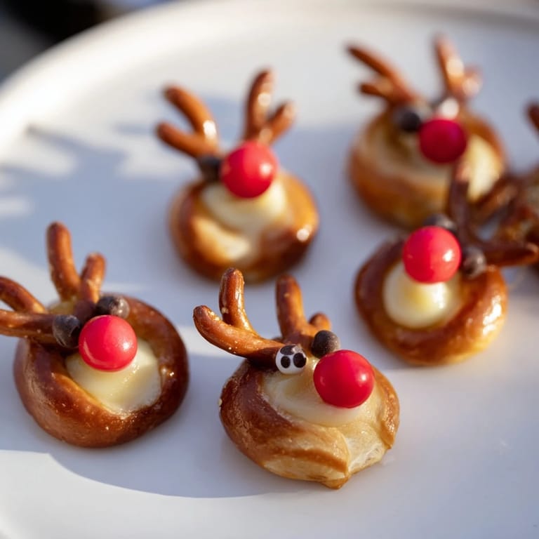 Golden-baked Rudolfs Red Nose Pretzel Bites, filled with cheese and topped with festive red candy noses.