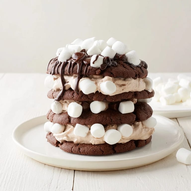 A stack of Hot Cocoa Mug Cookie, filled with marshmallow creme and drizzled chocolate creating a dessert that comforts.