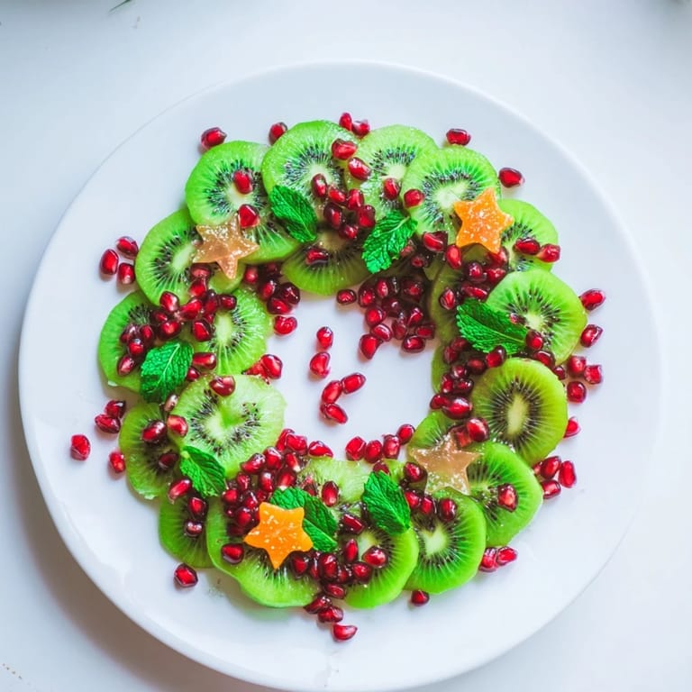 A festive holiday fruit platter of Kiwi and Pomegranate Christmas Wreath, perfect for a fresh dessert.