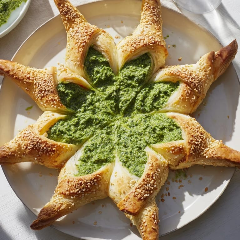 Creamy, green star-shaped pesto dip with crispy cracker edges, a perfect party appetizer.