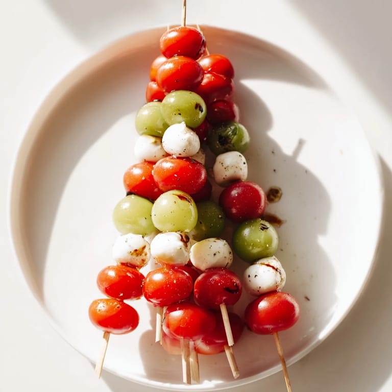 Festive Caprese skewer tree, showcasing fresh tomatoes, mozzarella, and basil; a perfect party dish.
